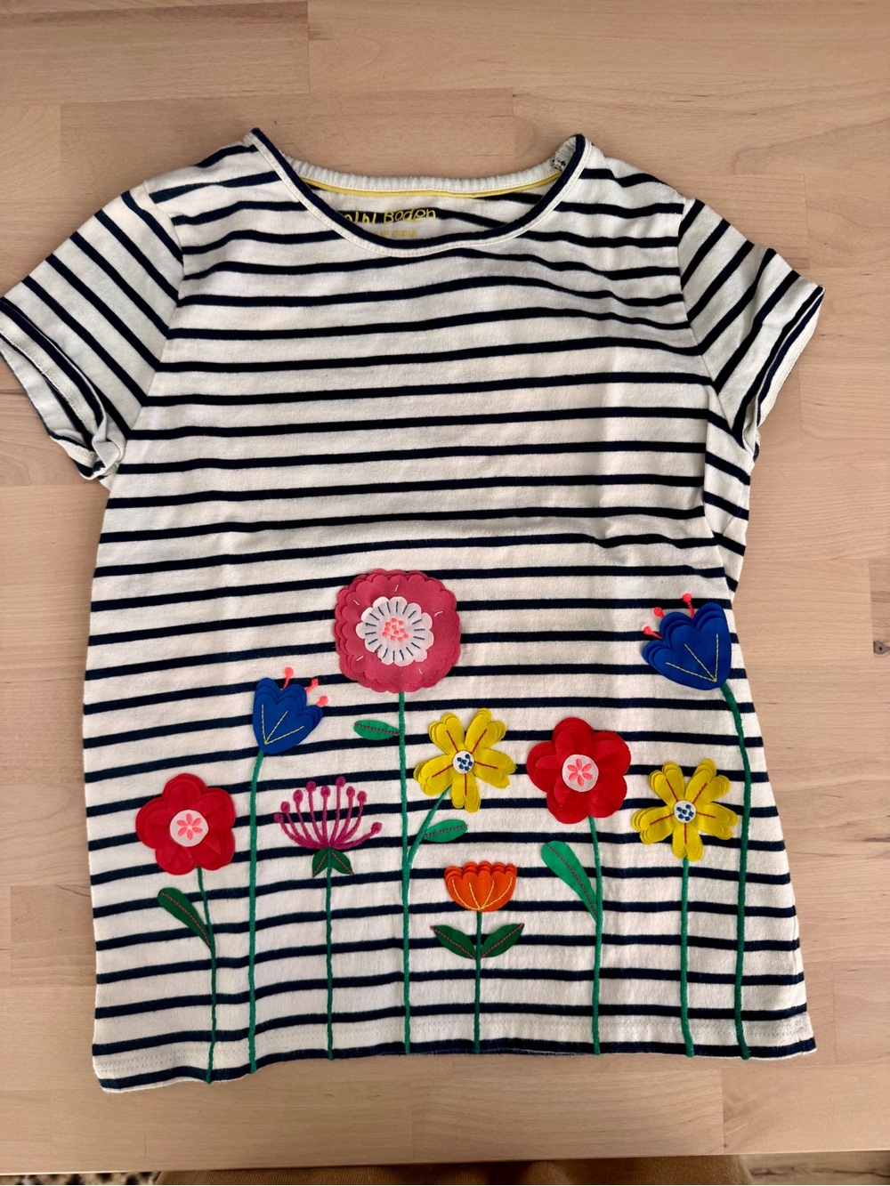 Mini Boden Girl - Navy & White Striped Tee with Colorful Floral Appliqués